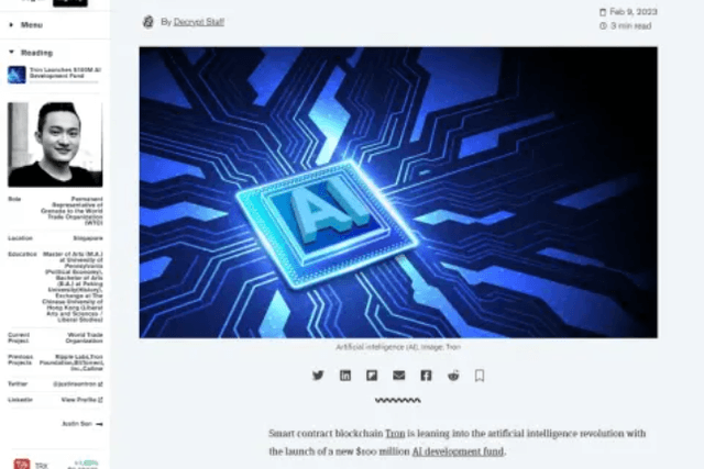 Overseas media pay attention to the establishment of a US$100 million AI fund in TRON to promote the combination of AI and blockchain