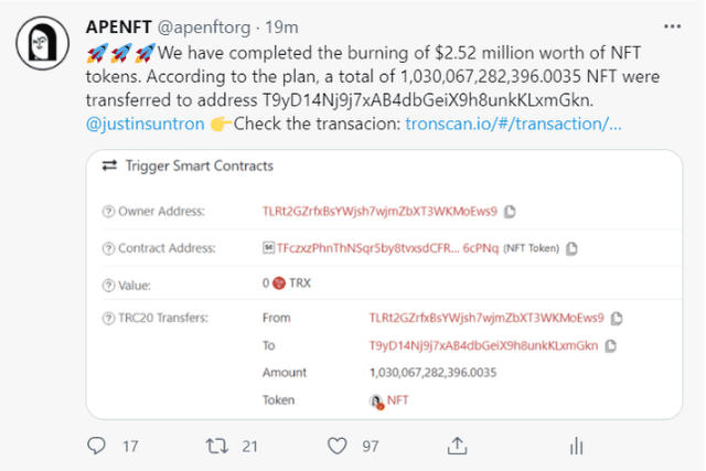 The APENFT Foundation completed the NFT repurchase and destruction of 2.52 million US dollars
