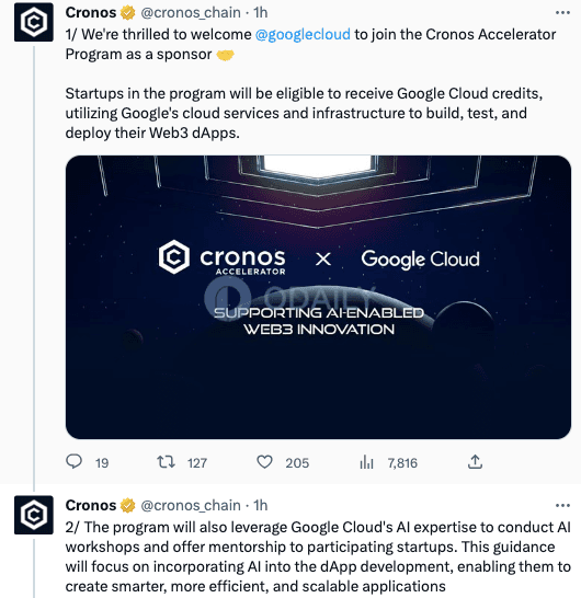 Google Cloud 作为赞助商加入 Cronos 加速器计划 - Odaily